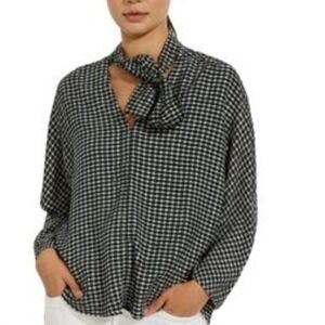 MAXSTUDIO Plaid Tie‎ Neck Blouse Women's Long Balloon Sleeve Black White M